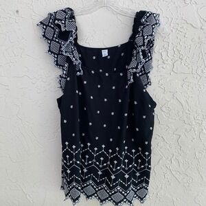 Summer Festival Top‎ Women L Black Embroidered Sleeveless Square Neck Old Navy